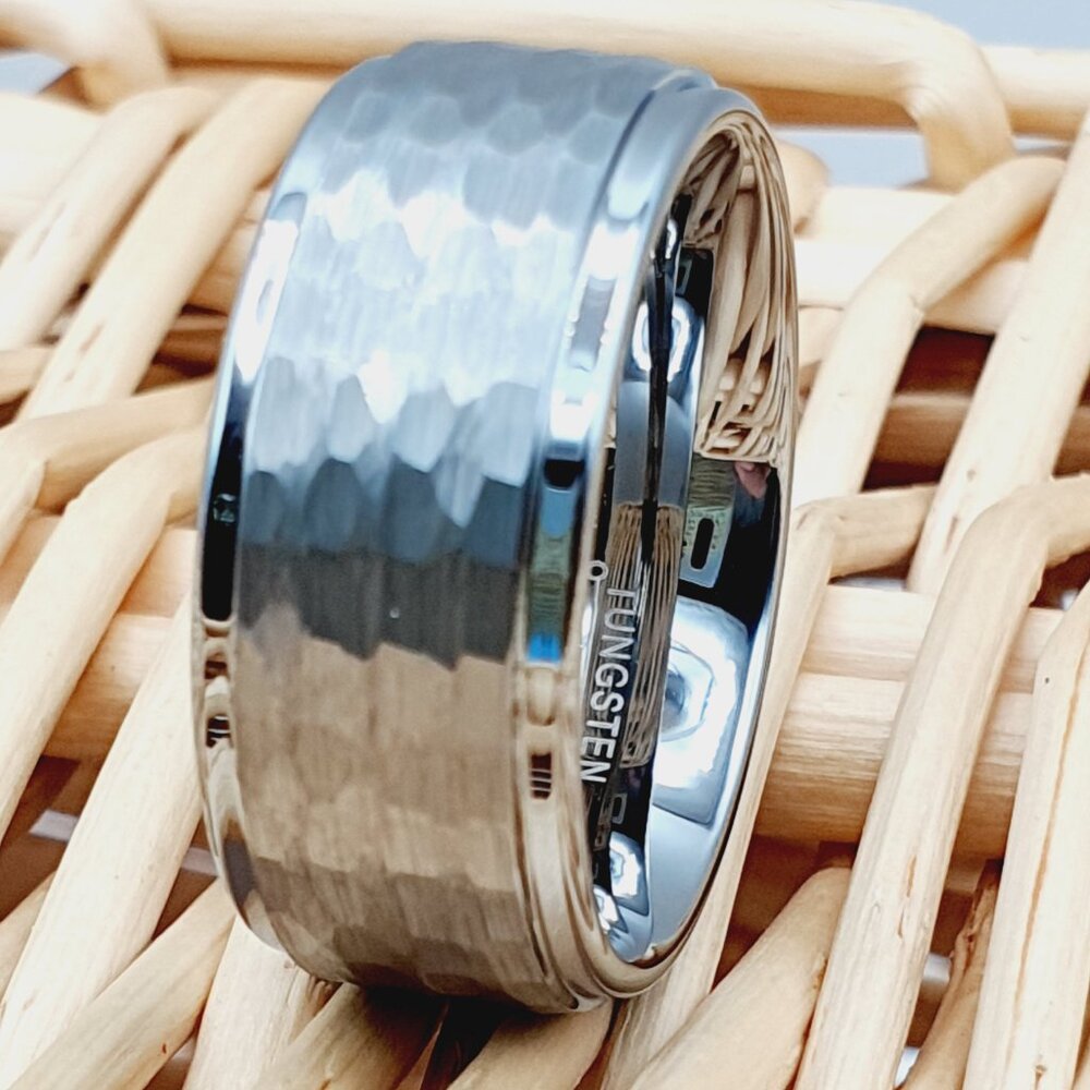 Hammered Tungsten Carbide Wedding Band Unisex Silver Textured Ring W177